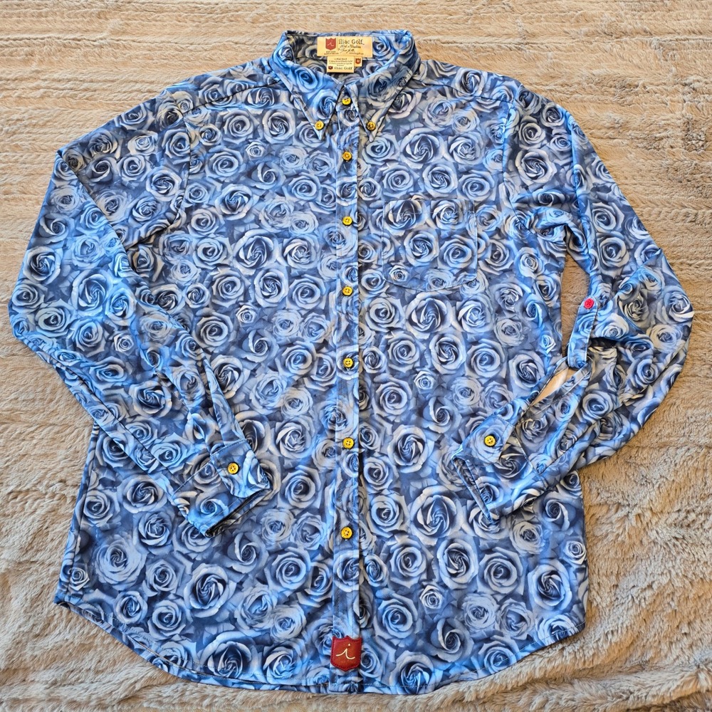 Iliac Golf Mens Blue Rose Floral Performance Shirt Long Sleeve Button Down M - Picture 3 of 6
